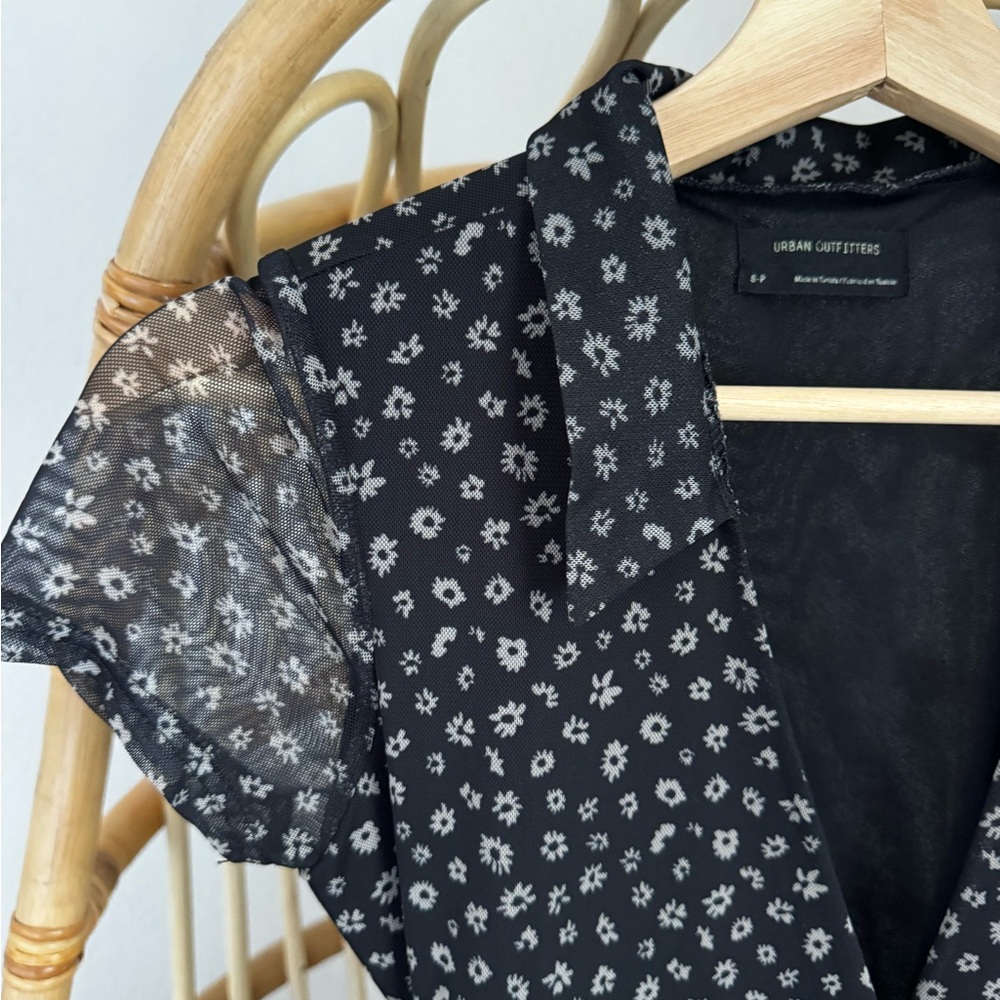 Urban Outfitters Black Floral Mini Dress Mesh Sleeves Deep V Small